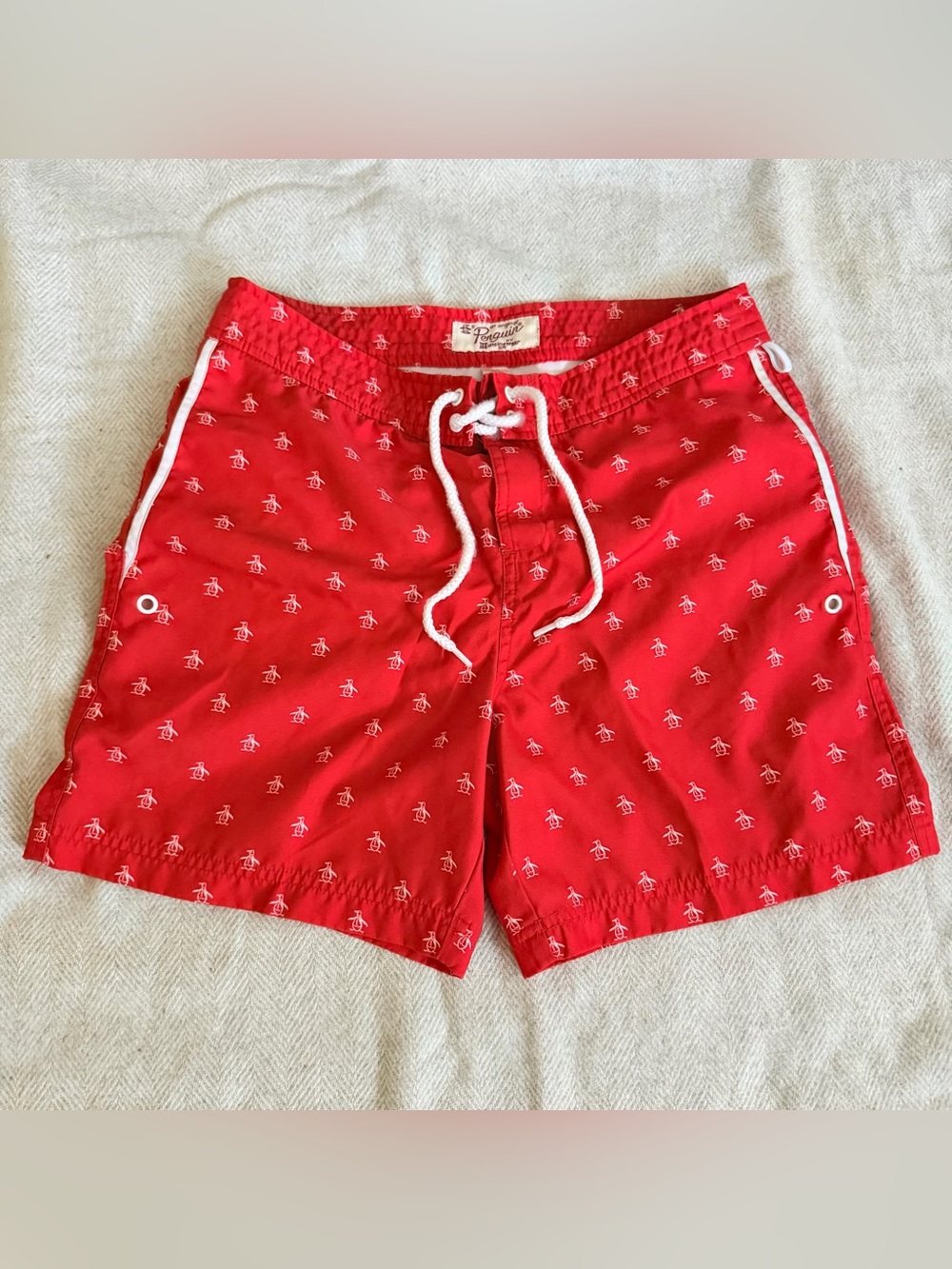 An original PENGUIN Men Swim Short Red Micro Penguin Logo Pattern 30W